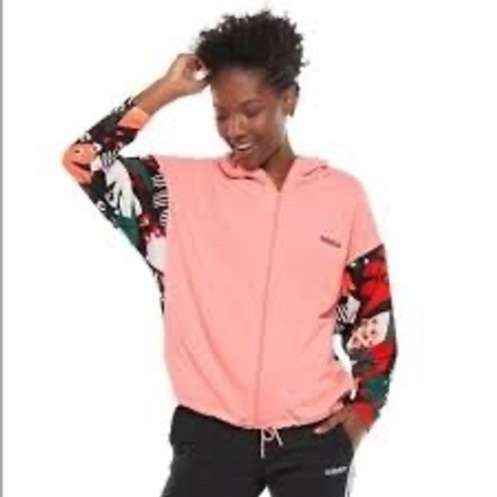 Adidas X Farm Rio Campera‎ Hooded Pink Zip Up Sweatshirt Women Size L Oversized